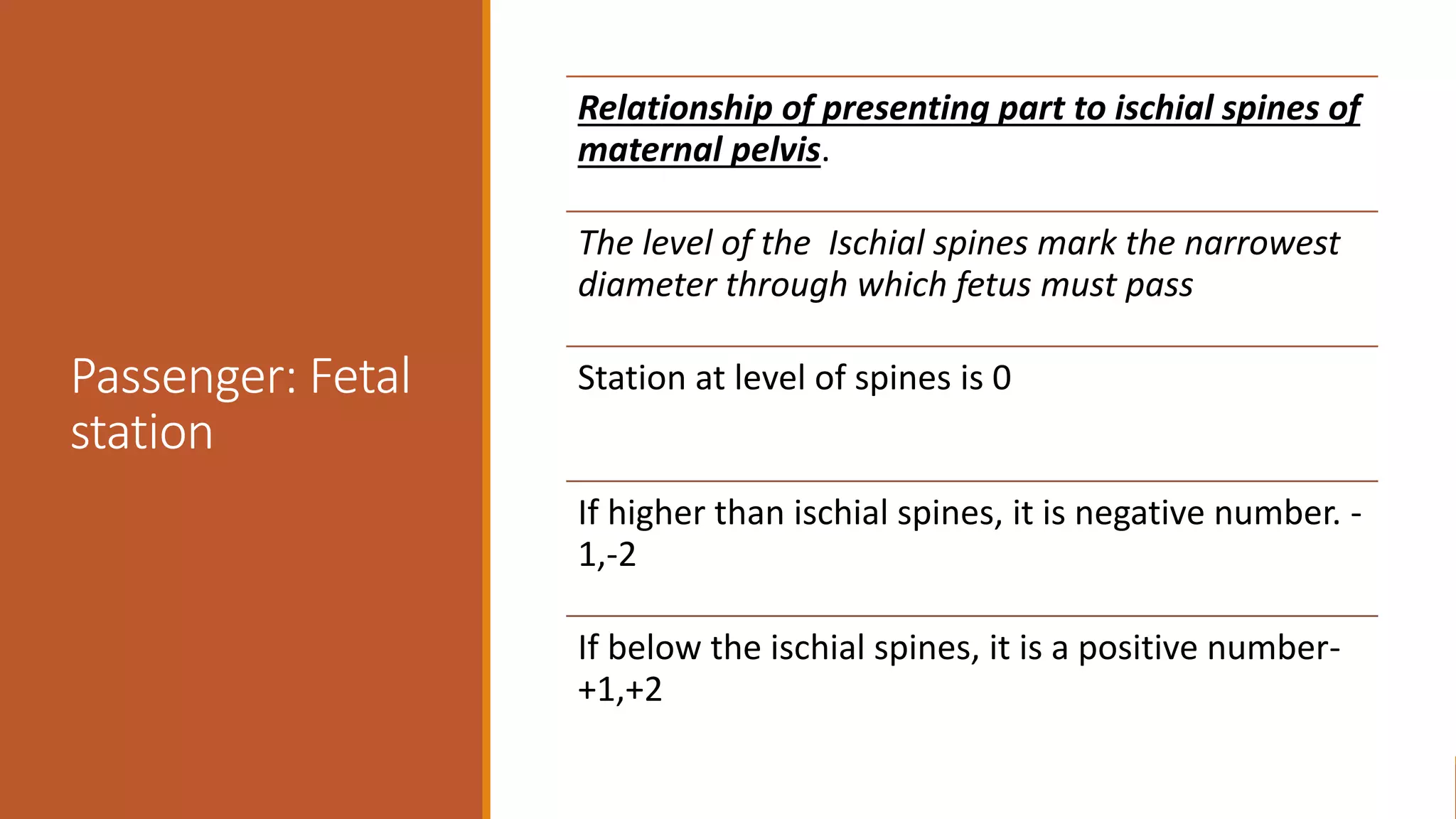 Passenger: Fetal
station
Relationship of presenting part to ischial spines of
maternal pelvis.
The level of the Ischial spines mark the narrowest
diameter through which fetus must pass
Station at level of spines is 0
If higher than ischial spines, it is negative number. -
1,-2
If below the ischial spines, it is a positive number-
+1,+2
 