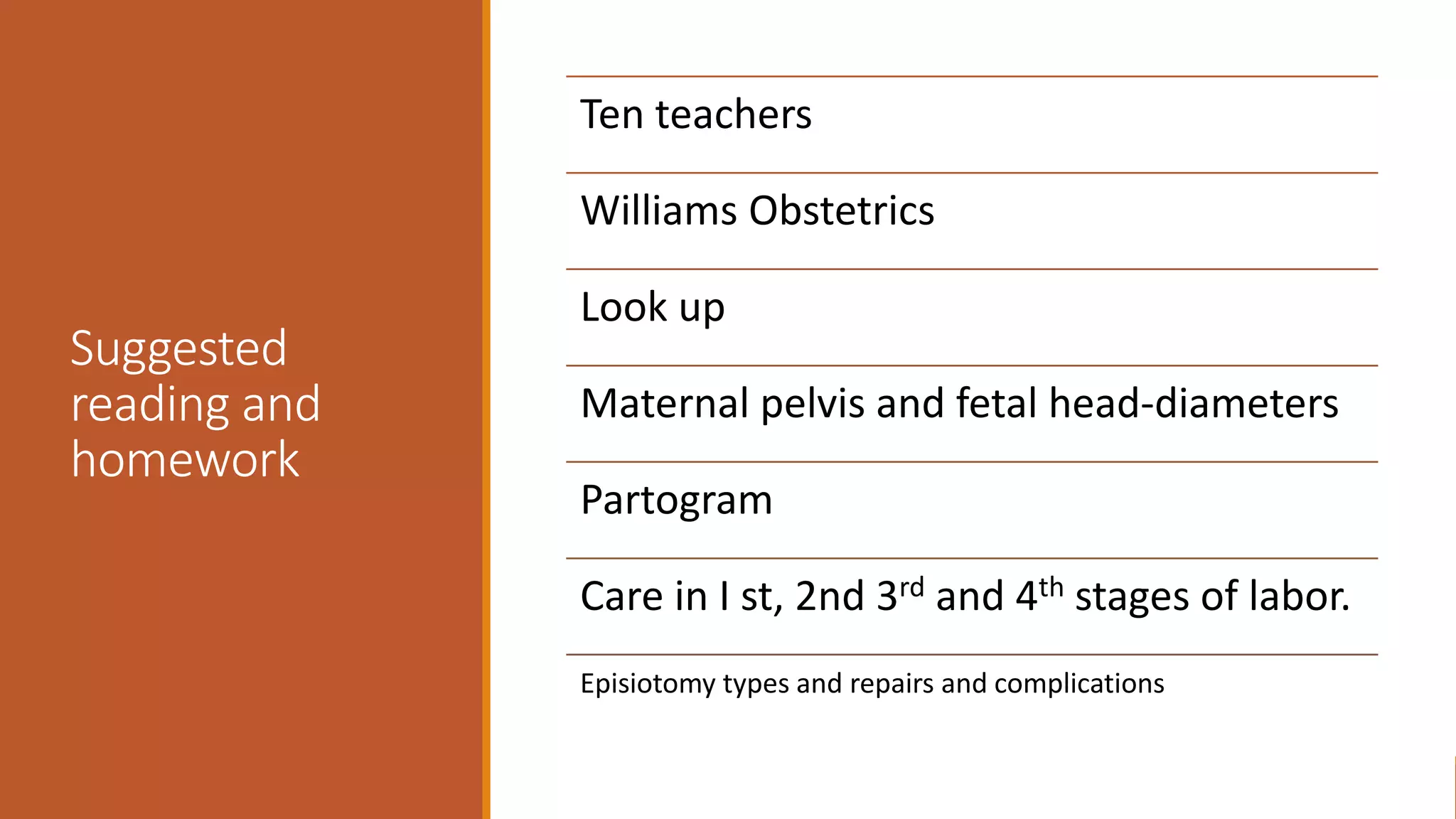Suggested
reading and
homework
Ten teachers
Williams Obstetrics
Look up
Maternal pelvis and fetal head-diameters
Partogram
Care in I st, 2nd 3rd and 4th stages of labor.
Episiotomy types and repairs and complications
 