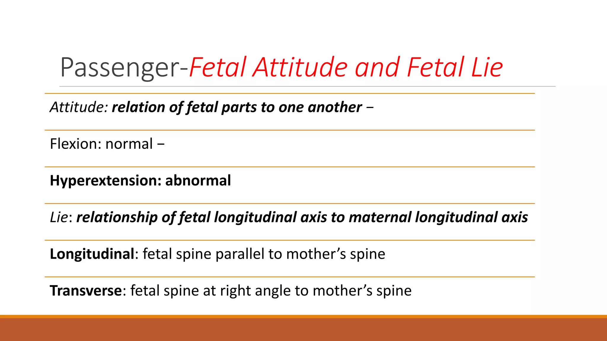 Passenger-Fetal Attitude and Fetal Lie
Attitude: relation of fetal parts to one another −
Flexion: normal −
Hyperextension: abnormal
Lie: relationship of fetal longitudinal axis to maternal longitudinal axis
Longitudinal: fetal spine parallel to mother’s spine
Transverse: fetal spine at right angle to mother’s spine
 
