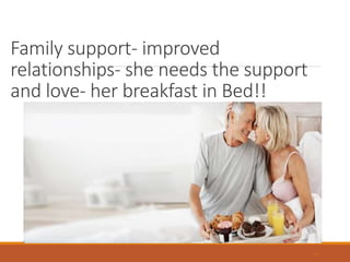 Family support- improved
relationships- she needs the support
and love- her breakfast in Bed!!
19
 