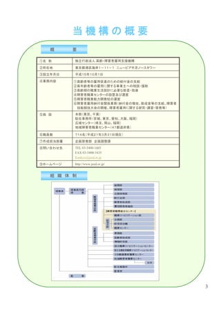 当機構の概要
   概      要

①名 称      独立行政法人 高齢・障害者雇用支援機構

②所在地      東京都港区海岸１－１１－１ ニューピア竹芝ノースタワー
③設立年月日    平成１５年１０月１日

④業務内容     ①高齢者等の雇用促進のための給付金の支給
          ②高年齢者等の雇用に関する事業主への相談・援助
          ③高齢期の職業生活設計に必要な助言・指導
          ④障害者職業センターの設置及び運営
          ⑤障害者職業能力開発校の運営
          ⑥障害者雇用納付金関係業務（納付金の徴収、助成金等の支給、障害者
           技能競技大会の開催、障害者雇用に関する研究・講習・啓発等）

⑤施 設      本部（東京、千葉）
          駐在事務所（宮城、東京、愛知、大阪、福岡）
          広域センター（埼玉、岡山、福岡）
          地域障害者職業センター（４７都道府県）

⑥職員数      ７１４名（平成２１年３月３１日現在）

⑦作成担当部署   企画啓発部 企画調整課

⑧問い合わせ先   TEL 03-5400-1603
          FAX 03-5400-1635
          Kankyo@jeed.or.jp

⑨ホームページ   http://www.jeed.or.jp/


   組 織 体 制




                                             3
 