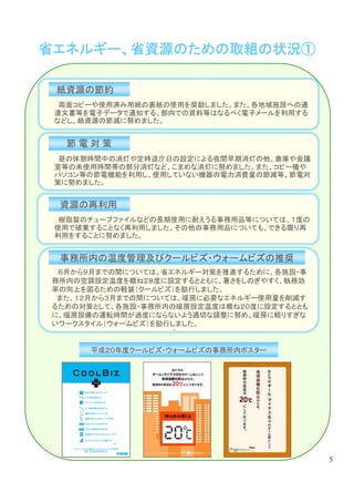 省エネルギー、省資源のための取組の状況①

 紙資源の節約
  両面コピーや使用済み用紙の裏紙の使用を奨励しました。また、各地域施設への通
 達文書等を電子データで通知する、部内での資料等はなるべく電子メールを利用する
 などし、紙資源の節減に努めました。


  節電対策
  昼の休憩時間中の消灯や定時退庁日の設定による夜間早期消灯の他、倉庫や会議
 室等の未使用時間帯の部分消灯など、こまめな消灯に努めました。また、コピー機や
 パソコン等の節電機能を利用し、使用していない機器の電力消費量の節減等、節電対
 策に努めました。


 資源の再利用
  樹脂製のチューブファイルなどの長期使用に耐えうる事務用品等については、１度の
 使用で破棄することなく再利用しました。その他の事務用品についても、できる限り再
 利用をすることに努めました。


 事務所内の温度管理及びクールビズ・ウォームビズの推奨
 ６月から９月までの間については、省エネルギー対策を推進するために、各施設・事
務所内の空調設定温度を概ね２８度に設定するとともに、暑さをしのぎやすく、執務効
率の向上を図るための軽装（クールビズ）を励行しました。
 また、１２月から３月までの間については、暖房に必要なエネルギー使用量を削減す
るための対策として、各施設・事務所内の暖房設定温度は概ね２０度に設定するととも
に、暖房設備の運転時間が過度にならないよう適切な調整に努め、暖房に頼りすぎな
いワークスタイル（ウォームビズ）を励行しました。


      平成２０年度クールビズ・ウォームビズの事務所内ポスター




                                           5
 