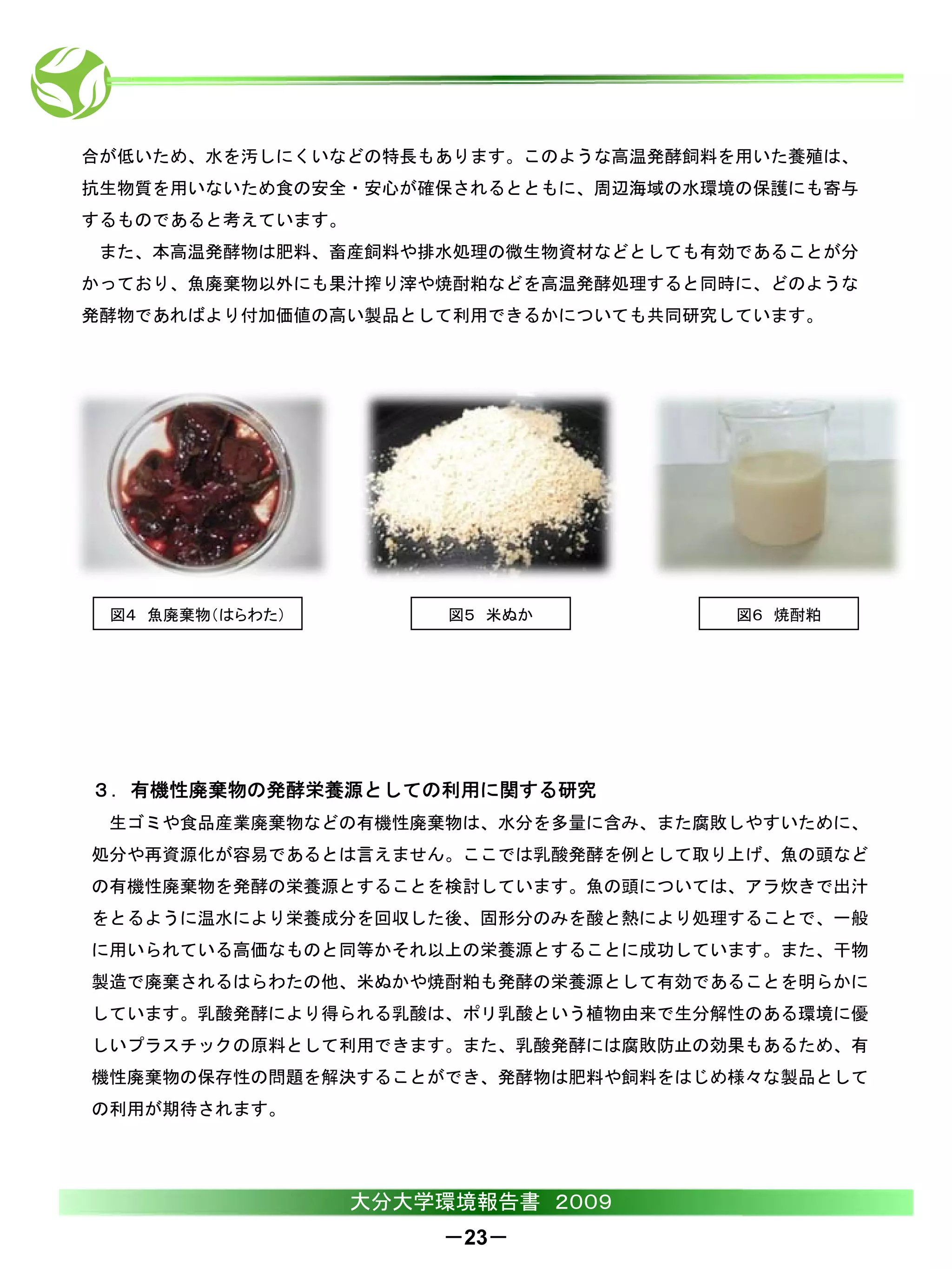 合が低いため、水を汚しにくいなどの特長もあります。このような高温発酵飼料を用いた養殖は、
抗生物質を用いないため食の安全・安心が確保されるとともに、周辺海域の水環境の保護にも寄与
するものであると考えています。
 また、本高温発酵物は肥料、畜産飼料や排水処理の微生物資材などとしても有効であることが分
かっており、魚廃棄物以外にも果汁搾り滓や焼酎粕などを高温発酵処理すると同時に、どのような
発酵物であればより付加価値の高い製品として利用できるかについても共同研究しています。




 図４ 魚廃棄物（はらわた）         図５ 米ぬか        図６ 焼酎粕




３．有機性廃棄物の発酵栄養源としての利用に関する研究
 生ゴミや食品産業廃棄物などの有機性廃棄物は、水分を多量に含み、また腐敗しやすいために、
処分や再資源化が容易であるとは言えません。ここでは乳酸発酵を例として取り上げ、魚の頭など
の有機性廃棄物を発酵の栄養源とすることを検討しています。魚の頭については、アラ炊きで出汁
をとるように温水により栄養成分を回収した後、固形分のみを酸と熱により処理することで、一般
に用いられている高価なものと同等かそれ以上の栄養源とすることに成功しています。また、干物
製造で廃棄されるはらわたの他、米ぬかや焼酎粕も発酵の栄養源として有効であることを明らかに
しています。乳酸発酵により得られる乳酸は、ポリ乳酸という植物由来で生分解性のある環境に優
しいプラスチックの原料として利用できます。また、乳酸発酵には腐敗防止の効果もあるため、有
機性廃棄物の保存性の問題を解決することができ、発酵物は肥料や飼料をはじめ様々な製品として
の利用が期待されます。




                  大分大学環境報告書 ２００９
                      －23－
 