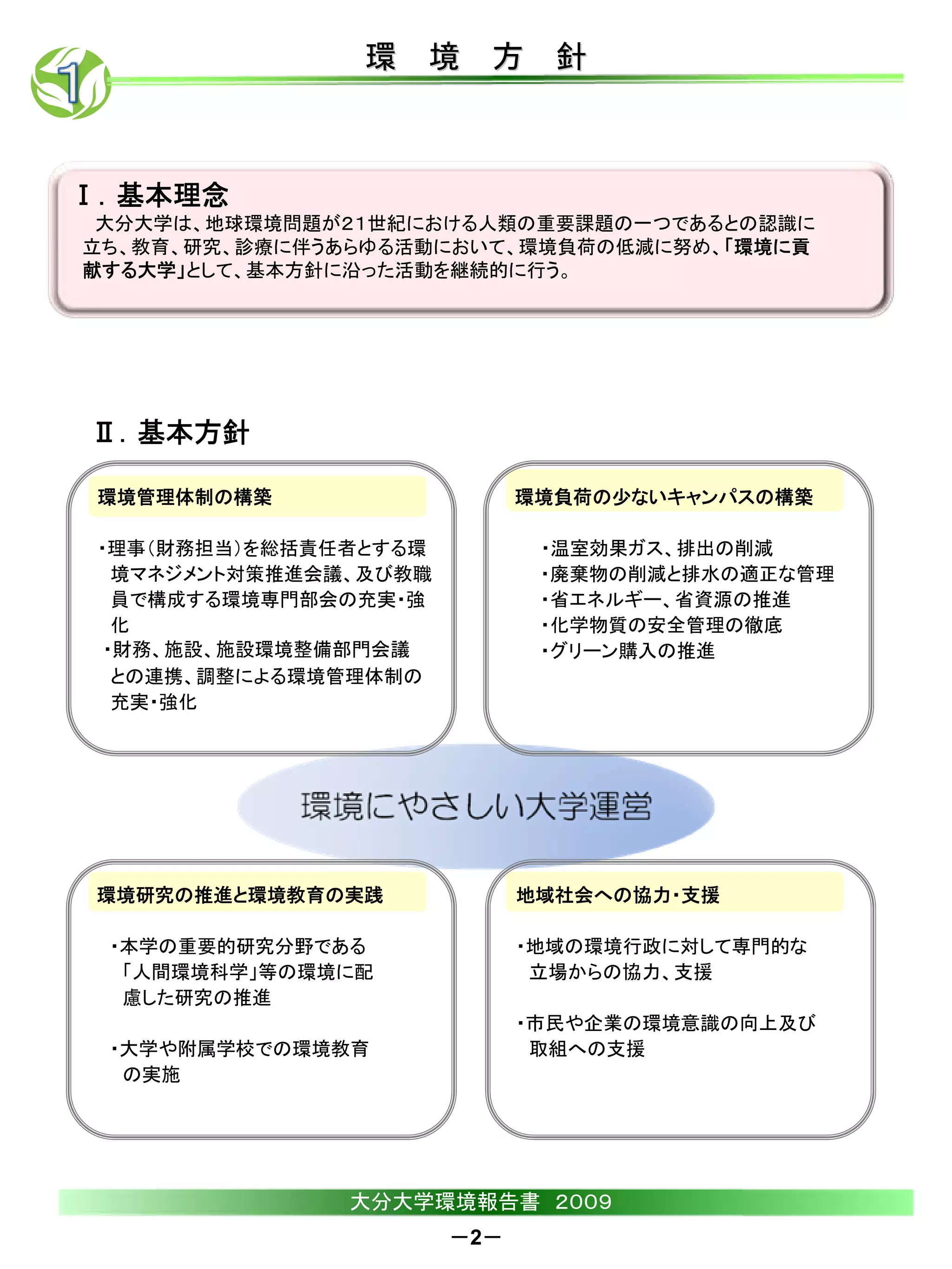 環 境 方 針



Ⅰ．基本理念
 大分大学は、地球環境問題が２１世紀における人類の重要課題の一つであるとの認識に
立ち、教育、研究、診療に伴うあらゆる活動において、環境負荷の低減に努め、「環境に貢
献する大学」として、基本方針に沿った活動を継続的に行う。




Ⅱ．基本方針

 環境管理体制の構築                    環境負荷の少ないキャンパスの構築

 ・理事（財務担当）を総括責任者とする環           ・温室効果ガス、排出の削減
   境マネジメント対策推進会議、及び教職          ・廃棄物の削減と排水の適正な管理
   員で構成する環境専門部会の充実・強           ・省エネルギー、省資源の推進
   化                           ・化学物質の安全管理の徹底
  ・財務、施設、施設環境整備部門会議            ・グリーン購入の推進
   との連携、調整による環境管理体制の
   充実・強化




 環境研究の推進と環境教育の実践              地域社会への協力・支援

 ・本学の重要的研究分野である               ・地域の環境行政に対して専門的な
  「人間環境科学」等の環境に配               立場からの協力、支援
  慮した研究の推進
                              ・市民や企業の環境意識の向上及び
 ・大学や附属学校での環境教育                取組への支援
  の実施




                大分大学環境報告書 ２００９
                        －2－
 