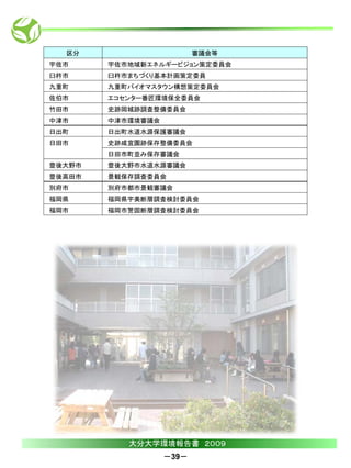 区分                      審議会等
宇佐市     宇佐市地域新エネルギービジョン策定委員会
臼杵市     臼杵市まちづくり基本計画策定委員
九重町     九重町バイオマスタウン構想策定委員会
佐伯市     エコセンター番匠環境保全委員会
竹田市     史跡岡城跡調査整備委員会
中津市     中津市環境審議会
日出町     日出町水道水源保護審議会
日田市     史跡咸宜園跡保存整備委員会
        日田市町並み保存審議会
豊後大野市   豊後大野市水道水源審議会
豊後高田市   景観保存調査委員会
別府市     別府市都市景観審議会
福岡県     福岡県宇美断層調査検討委員会
福岡市     福岡市警固断層調査検討委員会




           大分大学環境報告書 ２００９
                   －39－
 