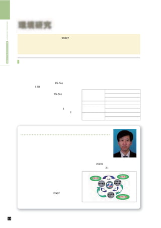 HIROSHIMA UNIVERSITY Environmental Report 2009




                                                  環境研究
                                                     広島大学は，アクションプラン2007で強化する研究分野として「平和」「教育」「環境」を
                                                                                      ，   ，
                                                    挙げ，その充実を図っています。学内で進行中の環境に係わる研究は，環境科学に係わる構成
                                                    員の交流，連携を進めるために設立した広島大学環境科学ネットワークにより活性化されると
                                                    ともに，学部や研究科の枠を超えたプロジェクト型の研究センターなどで推進されています。



                                                   プロジェクト研究センター
                                                   広島大学には自然科学分野から社会科学分野・人文       活性化を促すことを目的としています。ここでは，水
                                                  分野にわたる幅広い分野で環境研究を展開する研究者       素プロジェクト研究センター，環境生命科学技術プロ
                                                  がいます。環境分野の研究は既存の学問領域に捕らわ       ジェクト研究センター，流域圏環境再生プロジェクト
                                                  れない幅広い取組が必要であることから広島大学環境       研究センターを紹介するとともに研究トピックとして
                                                  科学ネットワーク（略称，広島大学ES-Net）が組織され   ４件の研究を紹介します。
                                                  ました。現在約130名の研究者がこのネットワークに           環境関連プロジェクト研究センターの一覧
                                                  所属し，所属部局の壁や専門分野の垣根を越えた多様       再生 創生
                                                                                   ・          流域圏環境再生
                                                  な取組を進めています。広島大学ES-Netでは，メーリ
                                                                                             「里海」創生
                                                  ングシステムによる情報の共有化が行われると同時に
                                                                                              環境生命科学技術
                                                  メーリングシステムを使った学外からの様々な問い合
                                                                                 予測           環境シミュレーター
                                                  わせや要請に対する迅速な対応が図られています。
                                                                                 エネルギー        水素
                                                   広島大学プロジェクト研究センターは，1）本学の特
                                                                                              バイオマス
                                                  徴ある研究を広く学内外の人々に知ってもらう，2）自
                                                                                 国際協力 平和
                                                                                     ・        国際環境協力
                                                  立的で自由な発想の下で展開される学部や研究科の枠
                                                                                              環境平和学
                                                  を超えたプロジェクト型の研究活動を推進し，一層の




                                                    水素プロジェクト研究センター

                                                     地球環境問題とエネルギーの安定供給・確保の問      めていくことも当研究セン
                                                    題を解決してサステナブル（持続可能）な社会を達      ターの目的のひとつであ
                                                    成するために，二酸化炭素を発生しない水素エネル      り，既にこの目的のため
                                                    ギーシステムは欠くことは出来ません。水素は様々      に，広島市産業振興セン
                                                    な原料から様々な方法で製造することができるとい      ターと共同主催で水素エ
                                                                                                大学院総合科学研究科
                                                    う特徴を有しており，この水素の製造に加えて，貯      ネルギー利用開発研究会
                                                                                                 小島 健一 教授
                                                    蔵・輸送，利用の過程が有機的なネットワークを形      を立ち上げ，2009年７月
                                                    成することで水素エネルギーシステムが成立します。     までに７回の研究会（21講演）を開催しました。
                                                    ところが従来，水素製造，貯蔵・輸送，利用の研究
                                                    は独立に行われてきており，それらの間に有機的な
                                                    つながりがあったとは言い難い状況にありました。
                                                     水素プロジェクト研究センターは同じ大学のメン
                                                    バーが，水素エネルギーシステム構築を目指し，水
                                                    素機能材料（水素製造，貯蔵・輸送，利用に関する材
                                                    料）の研究を進めていく目的で2007年９月１日に設
                                                    立されました。また，「水素機能材料学」という学問
                                                    を形作ることもセンターの目的として掲げています。
                                                     産学官の共同研究ならびに学術活動を積極的に進             水素エネルギーシステムの概念図




                                       13        環境研究／プロジェクト研究センター
 