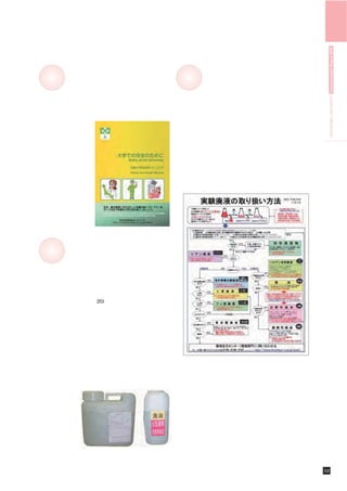 HIROSHIMA UNIVERSITY Environmental Report 2009
◆安全衛生教育                     ◆実験廃液処理・管理システム
 学生及び教職員への安全衛生の指針として，「広島     化学物質の使用に際しては，まず研究者の安全を守
大学安全衛生マニュアル」
           （写真）を作成しています。    ることを第一に考えています。次に考えないといけな
大学には多くの留学生がいますので，英語表記を併用    いことが，環境中への排出を最小限にすることです。
しています。マニュアルには薬品の取扱い方法，生物    そのため，広島大学では，実験で使用した化学物質を
実験の安全対策，放射線・実験廃液・電気ガスの取り    含む実験廃液は，その物質濃度に関わらず，回収する
扱い方法から緊急                    ことを義務付けています。実験廃液が入っていたガラ
時の応急措置まで                    ス器具等の容器は，さらに少量の水で２回すすぎ，す
多方面から安全衛                    すぎ水も回収しています。実験廃液とすすぎ水を回収
生上の注意点を記                    しますとその後の容器や器具洗浄水にはほとんど化学
載しております。                    物質は含まれません。しかし，東広島キャンパスでは，
このマニュアルを                    不適切な取扱い・事故等による化学物質の流出を防ぐ
研究室に配布し，                    ことと水資源の有効利用の観点から，容器及び器具洗
構成員への安全衛                    浄水を実験廃液とは別に実験室の流しを通じて回収し，
生管理の徹底を図                    浄化，再利用（中水）を行っています。
っているだけでは
なく，あらゆる機
会をとらえて学
生，教職員に安全
衛生教育を行って
います。       広島大学安全衛生マニュアル


◆化学物質管理
 化学物質の管理は，大学における最も重要なリスク
管理の一つといえます。
 化学物質の管理を考えるとき，保管・使用時と廃棄
時を分けて考える必要があります。保管・使用時は薬
品管理システムで管理し，廃棄時には環境安全センタ
ーを通じたマニフェスト管理をします。
 薬品管理システムは20年度に全学導入され，有害性
の高い毒物・劇物に指定されている化学物質はすべて
このシステムを使って管理されています。また，その
他の化学物質についてもこのシステムを使って管理す
ることが推奨されています。
 化学物質は使用後には，主として実験廃液として排
出されます。実験に使用され，発生した化学物質を含
む実験廃液はすべて実験室において種類ごとにポリタ
                                   廃液の分別収集法ポスター
ンク（写真）に貯留されます。その後，環境安全セン
ター職員によって回収され，処分業者に引き渡されま
す。貯留・回収・処分時における事故を防止するため，
廃液の分別
は厳密に実
施されてい
ます（右写
真：分別ポ
スター）
   。




                                                  環境リスク低減への取組   32
 