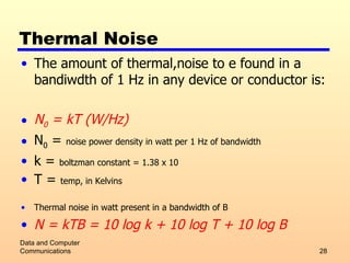 Thermal Noise The amount of thermal,noise to e found in a bandiwdth of 1 Hz in any device or conductor is: N 0  = kT (W/Hz) N 0  =  noise power density in watt per 1 Hz of bandwidth k =  boltzman constant = 1.38 x 10 T =  temp, in Kelvins Thermal noise in watt present in a bandwidth of B  N = kTB = 10 log k + 10 log T + 10 log B Data and Computer Communications 
