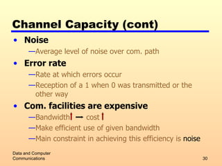 Channel Capacity (cont) Noise Average level of noise over com. path Error rate Rate at which errors occur Reception of a 1 when 0 was transmitted or the other way   Com. facilities are expensive Bandwidth  cost Make efficient use of given bandwidth Main constraint in achieving this efficiency is  noise Data and Computer Communications 