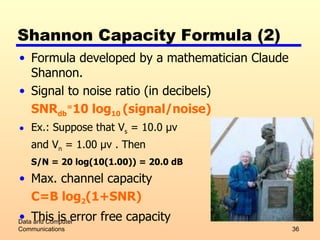 Shannon Capacity Formula (2) Formula developed by a mathematician Claude Shannon. Signal to noise ratio (in decibels) SNR db = 10 log 10  (signal/noise) Ex.: Suppose that V s  = 10.0  μ v   and V n  = 1.00  μ v  . Then S/N = 20 log(10(1.00)) = 20.0 dB Max. channel capacity  C=B log 2 (1+SNR) This is error free capacity Data and Computer Communications 