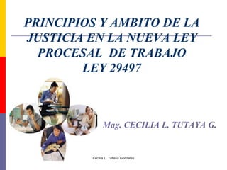 PRINCIPIOS Y AMBITO DE LA
JUSTICIA EN LA NUEVA LEY
  PROCESAL DE TRABAJO
        LEY 29497



               Mag. CECILIA L. TUTAYA G.


         Cecilia L. Tutaya Gonzales
 