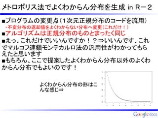 メトロポリス法でよくわからん分布を生成 in R－２
■プログラムの変更点（１次元正規分布のコードを流用）
　・不変分布の返却値をよくわからない分布へ変更（これだけ！）
■アルゴリズムは正規分布のものとまったく同じ
■えっ、これだけでいいんですか！？⇒いいんです、これ
でマルコフ連鎖モンテカルロ法の汎用性がわかってもら
えたと思います
■もちろん、ここで提案したよくわからん分布以外のよくわ
からん分布でもよいのです！

        よくわからん分布の形はこ
        んな感じ⇒
 