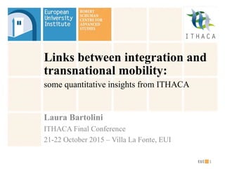 1
Links between integration and
transnational mobility:
some quantitative insights from ITHACA
Laura Bartolini
ITHACA Final Conference
21-22 October 2015 – Villa La Fonte, EUI
 