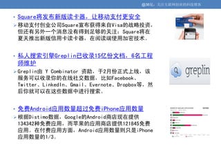 @36氪：关注互联网创业的科技博客


• Square将发布新版读卡器，让移动支付更安全
 移动支付创业公司Square宣布获得来自Visa的战略投资，
 但还有另外一个消息没有得到足够的关注：Square将在
 夏天推出新版信用卡读卡器，在阅读端使用加密技术。


• 私人搜索引擎Greplin已收录15亿份文档，6名工程
 师维护
 Greplin由 Y Combinator 资助，于2月份正式上线，该
 服务可以收录你的在线社交数据，比如Facebook、
 Twitter、LinkedIn、Gmail、Evernote、Dropbox等，然
 后你就可以在这些数据中进行搜索。


• 免费Android应用数量超过免费iPhone应用数量
 根据Distimo数据，Google的Android商店现在提供
 134342种免费应用，而苹果的应用商店提供121845免费
 应用。在付费应用方面，Android应用数量则只是iPhone
 应用数量的1/3。
 