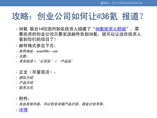 @36氪：关注互联网创业的科技博客




攻略：创业公司如何让@36氪 报道？
• 36氪 联合14位国内知名投资人组建了“36氪投资人群组”，需
  要投资的创业公司只要发送邮件告知36氪，就可以让这些投资人
  看到你们的项目了！
• 邮件格式参见下方：
• 收件地址：wow@36kr.com
• 主题：
• 寻求投资＋‘公司名’＋‘产品名’


• 正文（尽量简洁）：
• 团队介绍
• 产品介绍
• 联系方式


• 附件：
• 自由发挥内容，可以包含详细产品介绍、商业计划书等。

• 详情
 