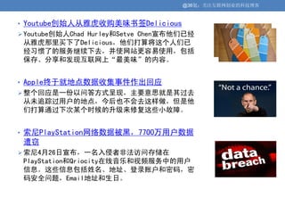 @36氪：关注互联网创业的科技博客


• Youtube创始人从雅虎收购美味书签Delicious
 Youtube创始人Chad Hurley和Setve Chen宣布他们已经
 从雅虎那里买下了Delicious，他们打算将这个人们已
 经习惯了的服务继续下去，并使网站更容易使用，包括
 保存、分享和发现互联网上“最美味”的内容。


• Apple终于就地点数据收集事件作出回应
 整个回应是一份以问答方式呈现，主要意思就是其过去
 从未追踪过用户的地点，今后也不会去这样做，但是他
 们打算通过下次某个时候的升级来修复这些小故障。


• 索尼PlayStation网络数据被黑，7700万用户数据
 遭窃
 索尼4月26日宣布，一名入侵者非法访问存储在
 PlayStation和Qriocity在线音乐和视频服务中的用户
 信息。这些信息包括姓名、地址、登录账户和密码，密
 码安全问题，Email地址和生日。
 