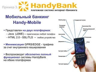 Пример 3.


 Мобильный банкинг
    Handy-Mobile
 Представлен на двух платформах:
   - Java (J2ME) – практически любой телефон
   - HTML 2.0 - SSL/TLS – любое устройство

 Минимизация GPRS/EDGE - трафика
за счет внутреннего кеширования

 Воспроизводит абсолютно полный
функционал системы HandyBank
на обеих платформах
 