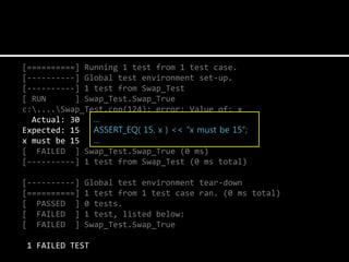 [==========] Running 1 test from 1 test case.
[----------] Global test environment set-up.
[----------] 1 test from Swap_Test
[ RUN      ] Swap_Test.Swap_True
c:....Swap_Test.cpp(124): error: Value of: x
  Actual: 30   …
Expected: 15   ASSERT_EQ( 15, x ) << "x must be 15“;
x must be 15   …
[ FAILED ] Swap_Test.Swap_True (0 ms)
[----------] 1 test from Swap_Test (0 ms total)

[----------]   Global test environment tear-down
[==========]   1 test from 1 test case ran. (0 ms total)
[ PASSED ]     0 tests.
[ FAILED ]     1 test, listed below:
[ FAILED ]     Swap_Test.Swap_True

 1 FAILED TEST
 