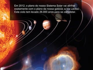 Em 2012, o plano do nosso Sistema Solar vai alinhar
exatamente com o plano da nossa galáxia, a Via Láctea.
Este ciclo tem levado 26.000 anos para se completar.
 