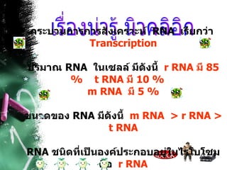 เรื่องน่ารู้ นิวคลิอิก กระบวนการการสังเคราะห์  RNA   เรียกว่า  Transcription ปริมาณ  RNA   ในเซลล์ มีดังนี้  r RNA  มี  85 %  t RNA  มี  10 %  m RNA  มี  5 % ขนาดของ  RNA   มีดังนี้  m RNA  >  r RNA  >  t RNA RNA  ชนิดที่เป็นองค์ประกอบอยู่ในไรโบโซม คือ  r RNA 