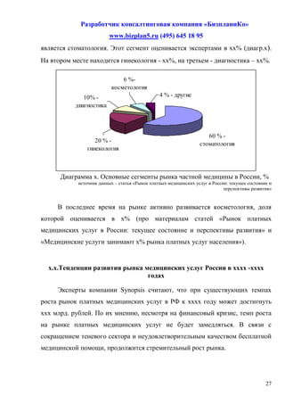Разработчик консалтинговая компания «БизпланиКо»
                         www.bizplan5.ru (495) 645 18 95
является стоматология. Этот сегмент оценивается экспертами в хх% (диагр.х).
На втором месте находится гинекология - хх%, на третьем - диагностика – хх%.

                              6 %-
                          косметология
              10% -                             4 % - другие
           диагностика



                                                                     60 % -
                   20 % -
                                                                  стоматология
                гинекология



      Диаграмма х. Основные сегменты рынка частной медицины в России, %
            источник данных – статья «Рынок платных медицинских услуг в России: текущее состояние и
                                                                             перспективы развития»


     В последнее время на рынке активно развивается косметология, доля
которой оценивается в х% (про материалам статей «Рынок платных
медицинских услуг в России: текущее состояние и перспективы развития» и
«Медицинские услуги занимают х% рынка платных услуг населения»).


  х.х.Тенденции развития рынка медицинских услуг России в хххх -хххх
                                годах

     Эксперты компании Synopsis считают, что при существующих темпах
роста рынок платных медицинских услуг в РФ к хххх году может достигнуть
ххх млрд. рублей. По их мнению, несмотря на финансовый кризис, темп роста
на рынке платных медицинских услуг не будет замедляться. В связи с
сокращением теневого сектора и неудовлетворительным качеством бесплатной
медицинской помощи, продолжится стремительный рост рынка.




                                                                                                27
 