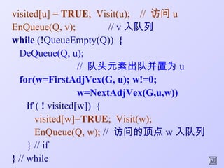 visited[u] = TRUE; Visit(u); // 访问 u
EnQueue(Q, v);            // v 入队列
while (!QueueEmpty(Q)) {
  DeQueue(Q, u);
                    // 队头元素出队并置为 u
  for(w=FirstAdjVex(G, u); w!=0;
                    w=NextAdjVex(G,u,w))
     if ( ! visited[w]) {
        visited[w]=TRUE; Visit(w);
        EnQueue(Q, w); // 访问的顶点 w 入队列
     } // if
} // while
 