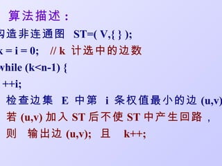 算法描述 :
构造非连通图 ST=( V,{ } );
k = i = 0; // k 计选中的边数
while (k<n-1) {
 ++i;
  检查边集 E 中第 i 条权值最小的边 (u,v)
  若 (u,v) 加入 ST 后不使 ST 中产生回路，
  则 输出边 (u,v); 且 k++;
 