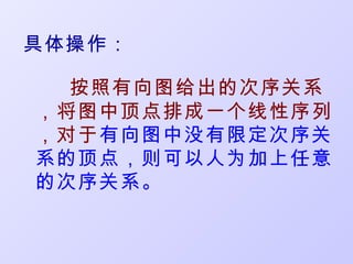 具体操作：

  按照有向图给出的次序关系
，将图中顶点排成一个线性序列
，对于有向图中没有限定次序关
系的顶点，则可以人为加上任意
的次序关系。
 
