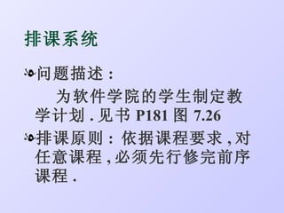 排课系统
l问题描述 :
  为软件学院的学生制定教
 学计划 . 见书 P181 图 7.26
l排课原则 : 依据课程要求 , 对
 任意课程 , 必须先行修完前序
 课程 .
 
