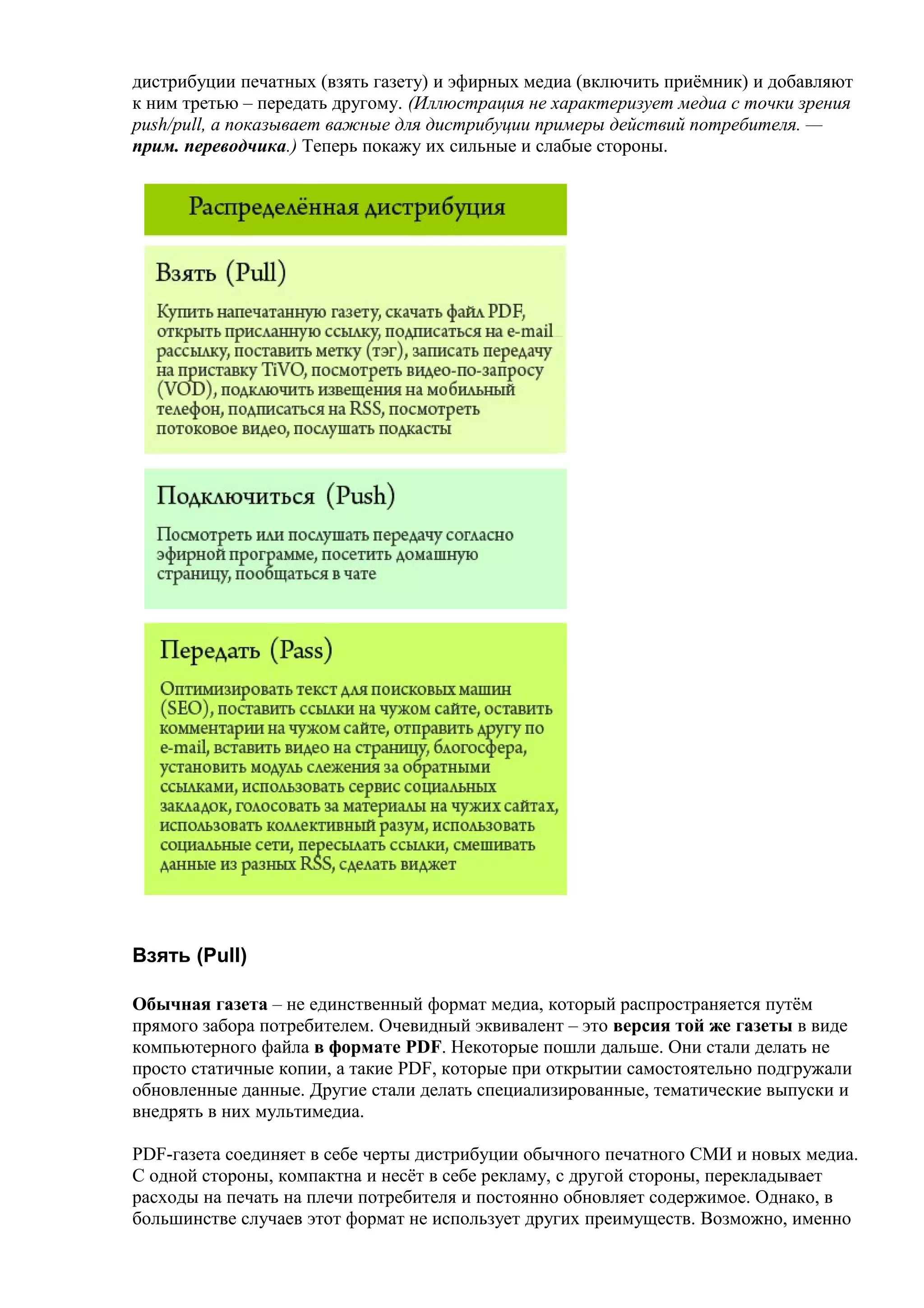 дистрибуции печатных (взять газету) и эфирных медиа (включить приёмник) и добавляют
к ним третью – передать другому. (Иллюстрация не характеризует медиа с точки зрения
push/pull, а показывает важные для дистрибуции примеры действий потребителя. —
прим. переводчика.) Теперь покажу их сильные и слабые стороны.




Взять (Pull)

Обычная газета – не единственный формат медиа, который распространяется путём
прямого забора потребителем. Очевидный эквивалент – это версия той же газеты в виде
компьютерного файла в формате PDF. Некоторые пошли дальше. Они стали делать не
просто статичные копии, а такие PDF, которые при открытии самостоятельно подгружали
обновленные данные. Другие стали делать специализированные, тематические выпуски и
внедрять в них мультимедиа.

PDF-газета соединяет в себе черты дистрибуции обычного печатного СМИ и новых медиа.
С одной стороны, компактна и несёт в себе рекламу, с другой стороны, перекладывает
расходы на печать на плечи потребителя и постоянно обновляет содержимое. Однако, в
большинстве случаев этот формат не использует других преимуществ. Возможно, именно
 