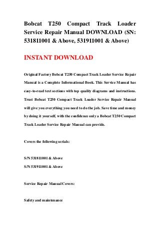 Bobcat T250 Compact Track Loader
Service Repair Manual DOWNLOAD (SN:
531811001 & Above, 531911001 & Above)

INSTANT DOWNLOAD

Original Factory Bobcat T250 Compact Track Loader Service Repair

Manual is a Complete Informational Book. This Service Manual has

easy-to-read text sections with top quality diagrams and instructions.

Trust Bobcat T250 Compact Track Loader Service Repair Manual

will give you everything you need to do the job. Save time and money

by doing it yourself, with the confidence only a Bobcat T250 Compact

Track Loader Service Repair Manual can provide.



Covers the following serials:



S/N 531811001 & Above

S/N 531911001 & Above



Service Repair Manual Covers:



Safety and maintenance
 