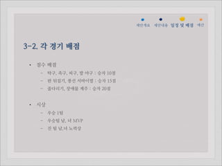 젵ӕ갵Ӛ   제안내용 일정 및 배점 예산




3-2. 각 경기 배점

 •   점수 배점
      - 탁구, 족구, 피구, 발 야구 : 승자 10점
      - 판 뒤집기, 풍선 서바이벌 : 승자 15점
      - 줄다리기, 장애물 계주 : 승자 20점


 •   시상
      - 우승 1팀
      - 우승팀 남, 녀 MVP
      - 진 팀 남,녀 노력상
 