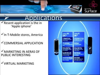 Resent application is the in
     ‘Apple iphone’

In T-Mobile stores, America

COMMERSIAL APPLICATION

MARKETING IN AERAS OF
PUBLIC INTERESTING

VIRTUAL MARKETING
 