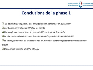 Conclusions de la phase 1

 les objectifs de la phase 1 ont été atteints (en nombre et en puissance)
une bonne perception du PV chez les clients
Une confiance accrue dans les produits PV existant sur le marché
Le rôle moteur du crédits dans le maintien et l’expansion du marché du PV
Le cadre juridique et les incitations mis en place ont contribué fortement à la réussite de
projet
Un véritable marché du PV a été crée
 