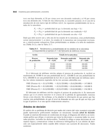866 Estadfstica para administracion y economfa
tuvo una baja demanda, el 50 pOl' ciento tuvo una demanda moderada y el 40 por ciento
tuvo una demanda alta. A falta de mas informacion, es razonable postular, en el caso de la
introduccion de este nuevo tipo de telefono movil, las siguientes probabilidades de los es-
tados de la naturaleza:
p] = pes]) = probabilidad de que la demanda sea baja = 0,1
P2 = P(S2) = probabilidad de que la demanda sea moderada = 0,5
P3 = P(S3) = probabilidad de que la demanda sea alta = 0,4
Dado que debe ocurrir uno y solo uno de los estados de la naturaleza, estas probabilidades
suman necesariamente 1; es decir, los estados de la naturaleza son mutuamente excluyen-
tes y colectivamente exhaustivos. Estas probabilidades se afiaden a la tabla de rendimien-
tos (Tabla 21.2) y dan la Tabla 21.7.
Tabla 21.7. Rendimientos y probabilidades de los estados de la naturaleza
correspondientes al ejemplo 21.1 del fabricante de telefonos m6viles.
Accion Estado de la naturaleza
Proceso Demanda baja Demanda moderada Demanda alta
de produccion (P = 0,10) (P = 0,50) (P = 0,40)
A 70.000 120.000 200.000
B 80.000 120.000 180.000
C 100.000 125.000 160.000
Si el fabricante de telefonos moviles adopta el proceso de produccion A, recibira un
rendimiento de 70.000 $ con una probabilidad de 0,1, 120.000 $ con una probabilidad de
0,5 y 200.000 $ con una probabilidad de 0,4. En el caso del fabricante de telefonos movi-
les, los valores monetarios esperados de las tres acciones admisibles son:
VME (Proceso A) = (0,1)(70.000) + (0,5)(120.000) + (0,4)(200.000) = 147.000 $
VME (Proceso B) = (0,1)(80.000) + (0,5)(120.000) + (0,4)(180.000) = 140.000 $
VME (Proceso C) = (0,1)(100.000) + (0,5)(125.000) + (0,4)(160.000) = 136.500 $
El fabricante de telefonos moviles elegirfa el proceso de produccion A. Es interesante
sefialar que ni el criterio maximin ni el criterio de la perdida de oportunidades minimax
llevan a esta eleccion. Sin embargo, se ha afiadido la informacion de que parece que hay
muchas mas probabilidades de que el nivel de demanda sea alto que de que sea bajo, por
10 que el proceso A es una opcion relativamente atractiva.
Arboles de decision
EI analisis de un problema de decision por medio del criterio del valor monetario esperado
puede representarse graficamente mediante un mecanismo llamado arbol de decision.
Cuando se analizan decisiones en condiciones de riesgo, el diagrama del arbol es un instru-
mento grafico que obliga a la persona que toma las decisiones a «examinar todos los resul-
tados posibles, incluidos los desfavorables. Tambien la obliga a tomar decisiones de una
manera logica y consecutiva» (vease la referencia bibliografica 4). Los arboles de deci-
sion son especialmente titiles cuando debe tomarse una sucesion de decisiones. Todos
contienen
 