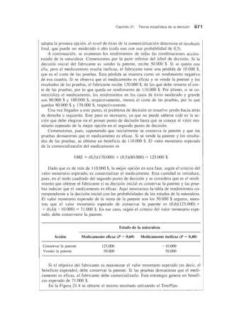Capftulo 21. Teorfa estadfstica de la decision 8 71
adopta la primera opcion, el nivel de exito de la comercializacion determina el resultado
final, que puede ser moderado 0 alto (cada uno con una probabilidad de 0,5).
A continuacion, se examinan los rendimientos de todas las combinaciones accion-
estado de la naturaleza. Comencemos por la parte inferior del arbol de decision. Si la
decision inicial del fabricante es vender la patente, recibe 50.000 $. Si se queda con
ella, pero el medicamento resulta ineficaz, el fabricante tiene una perdida de 10.000 $,
que es el coste de las pruebas. Esta perdida se muestra como un rendimiento negativo
de esa cuantfa. Si se observa que el medicamento es eficaz y se vende la patente y los
resultados de las pruebas, el fabricante recibe 120.000 $, de los que debe restarse el cos-
te de las pruebas, por 10 que queda un rendimiento de 110.000 $. Por Ultimo, si se co-
mercializa el medicamento, los rendimientos en los casos de exito moderado y grande
son 90.000 $ y 180.000 $, respectivamente, menos el coste de las pruebas, por 10 que
quedan 80.000 $ y 170.000 $, respectivamente.
Una vez lIegados a este punto, el problema de decision se resuelve yendo hacia atras
de derecha a izquierda. Este paso es necesario, ya que no puede saberse cwi! es la ac-
cion que debe elegirse en el primer punto de decision hasta que se conoce el valor mo-
netario esperado de la mejor opcion en el segundo punto de decision.
Comencemos, pues, suponiendo que inicialmente se conserva la patente y que las
pruebas demuestran que el medicamento es eficaz. Si se vende la patente y los resulta-
dos de las pruebas, se obtiene un beneficio de 110.000 $. EI valor monetario esperado
de la comercializacion del medicamento es
VME = (0,5)(170.000) + (0,5)(80.000) = 125.000 $
Dado que es de mas de 110.000 $, la mejor opcion en esta fase, segun el criterio del
valor monetario esperado, es comercializar el medicamento. Esta cantidad se introduce,
pues, en el nodo cuadrado del segundo punto de decision y se considera que es el rendi-
miento que obtiene el fabricante si su decision inicial es conservar la patente y las prue-
bas indican que el medicamento es eficaz. Aquf mostramos la tabla de rendimientos co-
rrespondiente a la decision inicial con las probabilidades de los estados de la naturaleza.
EI valor monetario esperado de la venta de la patente son los 50.000 $ seguros, mien-
tras que el valor monetario esperado de conservar la patente es (0,6)(125.000) +
+ (0,4)( - 10.000) = 71.000 $. En ese caso, segun el criterio del valor monetario espe-
rado, debe conservarse la patente.
Accion
Conservar la patente
Vender la patente
Estado de la naturaleza
Medicamento eficaz (P = 0,60)
125.000
50.000
Medicamento ineficaz (P = 0,40)
-10.000
50.000
Si el objetivo del fabricante es maximizar el valor monetario esperado (es decir, el
beneficio esperado), debe conservar la patente. Si las pruebas demuestran que el medi-
camento es eficaz, el fabricante debe comercializarlo. Esta estrategia genera un benefi-
cio esperado de 71.000 $.
En la Figura 21.4 se obtiene el mismo resultado utilizando el TreePlan.
 