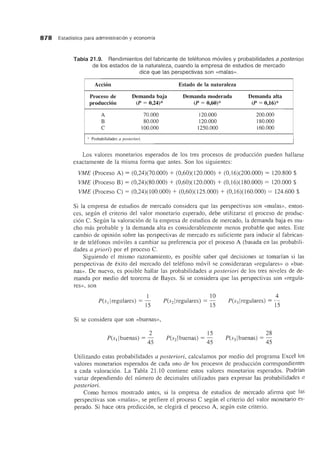 878 Estadfstica para administraci6n y economfa
Tabla 21.9. Rendimientos del fabricante de telefonos m6viles y probabilidades a posteriori
de los estados de la naturaleza, cuando la empresa de estudios de mercado
dice que las perspectivas son «malas».
Aecion Estado de la naturaleza
Proeeso de Demanda baja Demanda moderada Demanda alta
produecion (P = 0,24)* (P = 0,60)* (P = 0,16)*
A 70.000 120.000 200.000
B 80.000 120.000 180.000
C 100.000 1250.000 160.000
* Probabilidades a. posteriori.
Los valores monetarios esperados de los tres procesos de producci6n pueden hallarse
exactamente de la misma forma que antes. Son los siguientes:
VME (Proceso A) = (0,24)(70.000) + (0,60)(120.000) + (0,16)(200.000) = 120.800 $
VME (Proceso B) = (0,24)(80.000) + (0,60)(120.000) + (0,16)(180.000) = 120.000 $
VME (Proceso C) = (0,24)(100.000) + (0,60)(125.000) + (0,16)(160.000) = 124.600 $
Si la empresa de estudios de mercado considera que las perspectivas son «malas», enton-
ces, segun el criterio del valor monetario esperado, debe utilizarse el proceso de produc-
cion C. Segun la valoracion de la empresa de estudios de mercado, la demanda baja es mu-
cho mas probable y la demanda alta es considerablemente menos probable que antes. Este
cambio de opinion sobre las perspectivas de mercado es suficiente para inducir al fabrican-
te de telefonos moviles a cambiar su preferencia por el proceso A (basada en las probabili-
dades a priori) por el proceso C.
Siguiendo el mismo razonamiento, es posibe saber que decisiones se tomarfan si las
perspectivas de exito del mercado del telefono movil se consideraran «regulares» 0 «bue-
nas». De nuevo, es posible hallar las probabilidades a posteriori de los tres niveles de de-
manda por medio del teorema de Bayes. Si se considera que las perspectivas son «regula-
res», son
1
P(sll regulares) = 15
Si se considera que son «buenas»,
2
P(sllbuenas) = 45
10
P(s2Iregulares) = 15
15
P(s2 Ibuenas) = 45
4
P(s3Iregulares) = 15
28
P(s3Ibuenas) = 45
Utilizando estas probabilidades a posteriori, calculamos par medio del programa Excel los
valores monetarios esperados de cada uno de los procesos de produccion correspondientes
a cada valoracion. La Tabla 21.10 contiene estos valores monetarios esperados. Podrfan
variar dependiendo del numero de decimales utilizados para expresar las probabilidades a
posteriori.
Como hemos mostrado antes, si la empresa de estudios de mercado afirma que las
perspectivas son «malas», se prefiere el proceso C segun el criterio del valor monetario es-
perado. Si hace otra prediccion, se elegini el proceso A, segun este criterio.
 