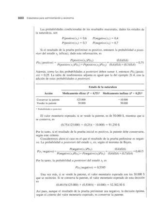 880 Estadfstica para administraci6n y economfa
Las probabilidades condicionadas de los resultados muestrales, dados los estados de
la naturaleza, son
P(positivo!s,) = 0,6
P(positivo! S2) = 0,3
P(negativo!s,) = 0,4
P(negativo!s2) = 0,7
Si el resultado de la prueba preliminar es positivo, entonces la probabilidad a poste-
riori del estado s[ (eficaz), dada esta informacion, es
. . P(positivo!s,)P(s,)
pes,!pOSltlVO) = . . .
P(pOSItlVO! s,)P(s,) +P(posltivo !S2)P(S2)
(0,6)(0,6)
(0,6)(0,6) +(0,3)(0,4) = 0,75
Ademas, como las dos probabilidades a posteriori deben sumar 1, entonces P(s2!positi-
yo) = 0,25. La tabla de rendimientos adjunta es igual que la del ejempl0 21.4, con la
adicion de estas probabilidades a posteriori.
Estado de la naturaleza
Accion Medicamento eficaz (P = 0,75)* Medicamento inefizaz (P = 0,25)*
Conservar la patente 125.000 -10.000
Vender la patente 50.000 50.000
" Probabilidades a posteriori.
EI valor monetario esperado, si se vende la patente, es de 50.000 $, mientras que si
se conserva, es
(0,75)(125.000) + (0,25)( -10.000) = 91.250 $
Por 10 tanto, si el resultado de la prueba inicial es positivo, la patente debe conservarse,
segun este criterio.
Consideremos ahora el caso en el que el resultado de la prueba preliminar es negati-
vo. La probabilidad a posteriori del estado s, es, segun el teorema de Bayes,
. P(negativo!s,)P(s,) (0,4)(0,6) --04615
P(sdnegatlvo)= . .
P(negatJvo!s,)P(s,) +P(negatIVo!s2)P(S2) (0,4)(0,6) +(0,7)(0,4) ,
Por 10 tanto, la probabilidad a posteriori del estado s2 es
P(S2! negativo) = 0,5385
Una vez mas, si se vende la patente, el valor monetario esperado son los 50.000 $
que se recibiran. Si se conserva la patente, el valor monetario esperado de esta decision
es
(0,4615)(125.000) + (0,5385)( - 10.000) = 52.302,50 $
Asf pues, aunque el resultado de la prueba preJiminar sea negativo, la decision optima,
segun el criterio del valor monetario esperado, es conservar la patente.
 