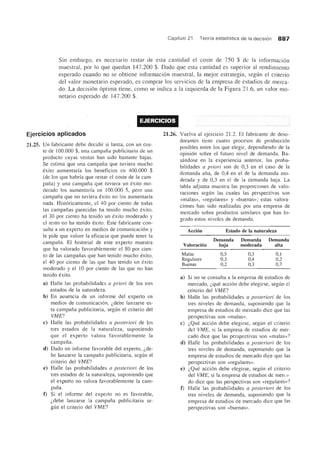 Capitulo 21. Teoria estadistica de la decision 887
Sin embargo, es necesario restar de esta cantidad el coste de 750 $ de la informaci6n
muestral, por 10 que quedan 147.200 $. Dado que esta cantidad es superior al rendimiento
esperado cuando no se obtiene informaci6n muestral, la mejor estrategia, segun el criterio
del valor monetario esperado, es comprar los servicios de la empresa de estudios de merca-
do. La decisi6n 6ptima tiene, como se indica a la izquierda de la Figura 21.6, un valor mo-
netario esperado de 147.200 $.
EJERCICIOS
Ejercicios aplicados
21.25. Un fabricante debe deciclir si lanza, con un cos-
te cle 100.000 $, una campana publicitaria cle un
producto cuyas ventas han side bastante bajas.
Se estima que una campana que tuviera mucho
exito aumentarfa los beneficios en 400.000 $
(de los que habrfa que restar el coste de la cam-
pana) y una campana que tuviera un exito mo-
derado los aumentarfa en 100.000 $, pero una
campana que no tuviera exito no los aumentarfa
nada. Hist6ricamente, el 40 por ciento de todas
las campanas parecidas ha tenido mucho exito,
el 30 pOI ciento ha tenido un exito moderado y
el resto no ha tenido exito. Este fabricante con-
sulta a un experto en meclios de comunicaci6n y
Ie pide que valore la eficacia que puede tener la
campana. El historial de este experto muestra
que ha valorado favorablemente el 80 por cien-
to de las campanas que han tenido mucho exito,
el 40 pOI ciento de las que han tenido un exito
moderado y el 10 pOI ciento de las que no han
tenido exito.
a) Halle las probabilidades a priori de los tres
estados de la naturaleza.
b) En ausencia de un informe del experto en
medios de comunicaci6n, l.debe lanzarse es-
ta campana publicitaria, segun el criterio del
VME?
c) Halle las probabilidades a posteriori de los
tres estados de la naturaleza, suponienclo
que el experto valora favorablemente la
campana.
d) Dado un informe favorable del experto, l.de-
be lanzarse la campana publicitaria, segun el
criterio clel VME?
e) Halle las probabilidades a posteriori de los
tres estados de la naturaleza, suponiendo que
el experto no valora favorablemente la cam-
pana.
f) Si el informe del experto no es favorable,
l.debe lanzarse la campana publicitaria se-
gun el critelio del VME?
21.26. Vuelva al ejercicio 21.2. EI fabricante de deso-
dorantes tiene cuatro procesos de producci6n
posibles entre los que elegir, dependiendo de la
opini6n sobre el futuro nivel de demanda. Ba-
sanclose en la experiencia anterior, las proba-
bilidades a priori son de 0,3 en el caso de la
demanda alta, de 0,4 en el de la demanda mo-
derada y de 0,3 en el de la demanda baja. La
tabla adjunta muestra las proporciones de valo-
raciones segun las cuales las perspectivas son
«malas», «regulares» y «buenas»; estas valora-
ciones han sido realizadas por una empresa de
mercado sobre productos similares que han 10-
grado estos niveles de demanda.
Acci6n Estado de la naturaleza
Demanda Demanda Demanda
Valoraci6n baja moderada alta
Malas 0,5 0,3 0,1
Regulares 0,3 0,4 0,2
Buenas 0,2 0,3 0,7
a) Si no se consulta a la empresa de estudios de
mercado, l.que acci6n debe elegirse, segun el
criterio del VME?
b) Halle las probabilidades a posteriori cle los
tres niveles de demanda, suponiendo que la
empresa de estudios de mercado dice que las
perspectivas son «malas».
c) l.Que acci6n debe elegirse, segun el criterio
del VME, si la empresa de estudios de mer-
cado dice que las perspectivas son «malas»?
d) Halle las probabilidades a posteriori de los
Ires niveles de demanda, suponiendo que la
empresa de estudios de mercado dice que las
perspectivas son «regulares».
e) l.Que acci6n debe elegirse, segun el criterio
del VME, si la empresa de estudios de merC<l-
clo dice que las perspectivas son «regulares»?
f) Halle las probabilidades a posteriori de los
tres niveles de demanda, suponiendo que la
empresa de estuclios de mercado dice que las
perspectivas son «buenas».
 