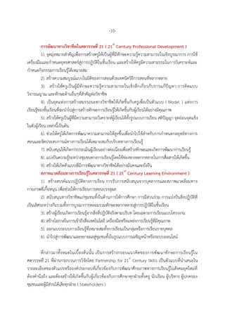 -10-
การพัฒนาทางวิชาชีพในศตวรรษที่ 21 ( 21st
Century Professional Development )
1). จุดมุ่งหมายสาคัญเพื่อการสร้างครูให้เป็นผู้ที่มีทักษะความรู้ความสามารถในเชิงบูรณาการ การใช้
เครื่องมือและกาหนดยุทธศาสตร์สู่การปฏิบัติในชั้นเรียน และสร้างให้ครูมีความสามรรถในการวิเคราะห์และ
กาหนดกิจกรรมการเรียนรู้ได้เหมาะสม
2). สร้างความสมบูรณ์แบบในมิติของการสอนด้วยเทคนิควิธีการสอนที่หลากหลาย
3). สร้างให้ครูเป็นผู้มีทักษะความรู้ความสามารถในเชิงลึกเกี่ยวกับการแก้ปัญหา การคิดแบบ
วิจารณญาณ และทักษะด้านอื่นๆที่สาคัญต่อวิชาชีพ
4). เป็นยุคแห่งการสร้างสมรรถนะทางวิชาชีพให้เกิดขึ้นกับครูเพื่อเป็นตัวแบบ ( Model ) แห่งการ
เรียนรู้ของชั้นเรียนที่จะนาไปสู่การสร้างทักษะการเรียนรู้ให้เกิดขึ้นกับผู้เรียนได้อย่างมีคุณภาพ
5). สร้างให้ครูเป็นผู้ที่มีความสามารถวิเคราะห์ผู้เรียนได้ทั้งรูปแบบการเรียน สติปัญญา จุดอ่อนจุดแข็ง
ในตัวผู้เรียน เหล่านี้เป็นต้น
6). ช่วยให้ครูได้เกิดการพัฒนาความสามารถให้สูงขึ้นเพื่อนาไปใช้สาหรับการกาหนดกลยุทธ์ทางการ
สอนและจัดประสบการณ์ทางการเรียนได้เหมาะสมกับบริบททางการเรียนรู้
7). สนับสนุนให้เกิดการประเมินผู้เรียนอย่างต่อเนื่องเพื่อสร้างทักษะและเกิดการพัฒนาการเรียนรู้
8). แบ่งปันความรู้ระหว่างชุมชนทางการเรียนรู้โดยใช้ช่องทางหลากหลายในการสื่อสารให้เกิดขึ้น
9). สร้างให้เกิดตัวแบบที่มีการพัฒนาทางวิชาชีพได้อย่างมั่นคงและยั่งยืน
สภาพแวดล้อมทางการเรียนรู้ในศตวรรษที่ 21 ( 21st
Century Learning Environment )
1). สร้างสรรค์แนวปฏิบัติทางการเรียน การรับการสนับสนุนจากบุคลากรและสภาพแวดล้อมทาง
กายภาพที่เกื้อหนุน เพื่อช่วยให้การเรียนการสอนบรรลุผล
2). สนับสนุนทางวิชาชีพแก่ชุมชนทั้งในด้านการให้การศึกษา การมีส่วนร่วม การแบ่งปันสิ่งปฏิบัติที่
เป็นเลิศระหว่างกันรวมทั้งการบูรณาการหลอมรวมทักษะหลากหลายสู่การปฏิบัติในชั้นเรียน
3). สร้างผู้เรียนเกิดการเรียนรู้จากสิ่งที่ปฏิบัติจริงตามบริบท โดยเฉพาะการเรียนแบบโครงงาน
4). สร้างโอกาสในการเข้าถึงสื่อเทคโนโลยี เครื่องมือหรือแหล่งการเรียนรู้ที่มีคุณภาพ
5). ออกแบบระบบการเรียนรู้ที่เหมาะสมทั้งการเรียนเป็นกลุ่มหรือการเรียนรายบุคคล
6). นาไปสู่การพัฒนาและขยายผลสู่ชุมชนทั้งในรูปแบบการเผชิญหน้าหรือระบบออนไลน์
ที่กล่าวมาทั้งหมดในเบื้องต้นนั้น เป็นการสร้างกรอบแนวคิดของการพัฒนาทักษะการเรียนรู้ใน
ศตวรรษที่ 21 ที่ผ่านกระบวนการวิจัยโดย Partnership for 21st
Century Skills เป็นตัวแบบที่นาเสนอใน
รายละเอียดของตัวแปรหรือองค์ประกอบที่เกี่ยวข้องกับการพัฒนาศักยภาพทางการเรียนรู้ในสังคมยุคใหม่ที่
ต้องคานึงถึง และต้องสร้างให้เกิดขึ้นกับผู้เกี่ยวข้องกับการศึกษาทุกฝ่ายทั้งครู นักเรียน ผู้บริหาร ผู้ปกครอง
ชุมชนและผู้มีส่วนได้เสียทุกฝ่าย ( Stakeholders )
 