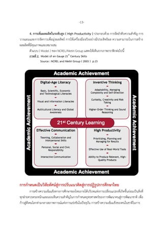 -13-
4. การเพิ่มผลผลิตในระดับสูง ( High Productivity ) ประกอบด้วย การจัดลาดับความสาคัญ การ
วางแผนและการจัดการเพื่อมุ่งผลลัพธ์ การใช้เครื่องมือจริงอย่างมีประสิทธิผล ความสามารถในการสร้าง
ผลผลิตที่มีคุณภาพและเหมาะสม
ตัวแบบ ( Model ) ของ NCREL/Metiri Group แสดงให้เห็นจากภาพกราฟิกต่อไปนี้
ภาพที่ 2. Model of en Gauge 21st
Century Skills
Source : NCREL and Metiri Group ( 2003 ) p.15
การกาหนดเป็นวิสัยทัศน์สู่การปรับแนวคิดสู่การปฏิรูปการศึกษาไทย
การสร้างความเข้มแข็งทางการศึกษาของไทยภายใต้บริบทแห่งการเปลี่ยนแปลงที่เกิดขึ้นย่อมเป็นสิ่งที่
ทุกฝ่ายควรตระหนักและมองเห็นความสาคัญในการกาหนดยุทธศาสตร์ของการพัฒนาคนสู่การพัฒนาชาติ เพื่อ
ก้าวสู่สังคมโลกท่ามกลางสภาพการณ์แห่งการแข่งขันในปัจจุบัน การสร้างความเข้มแข็งของคนในชาติในการ
 