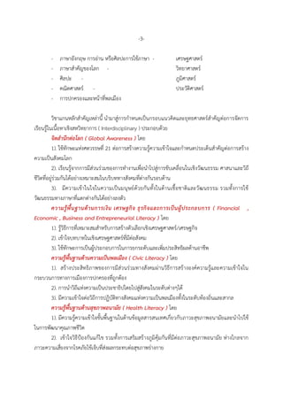 -3-
- ภาษาอังกฤษ การอ่าน หรือศิลปะการใช้ภาษา - เศรษฐศาสตร์
- ภาษาสาคัญของโลก - วิทยาศาสตร์
- ศิลปะ - ภูมิศาสตร์
- คณิตศาสตร์ - ประวัติศาสตร์
- การปกครองและหน้าที่พลเมือง
วิชาแกนหลักสาคัญเหล่านี้ นามาสู่การกาหนดเป็นกรอบแนวคิดและยุทธศาสตร์สาคัญต่อการจัดการ
เรียนรู้ในเนื้อหาเชิงสหวิทยาการ ( Interdisciplinary ) ประกอบด้วย
จิตสานึกต่อโลก ( Global Awareness ) โดย
1). ใช้ทักษะแห่งศตวรรษที่ 21 ต่อการสร้างความรู้ความเข้าใจและกาหนดประเด็นสาคัญต่อการสร้าง
ความเป็นสังคมโลก
2). เรียนรู้จากการมีส่วนร่วมของการทางานเพื่อนาไปสู่การขับเคลื่อนในเชิงวัฒนธรรม ศาสนาและวิถี
ชีวิตที่อยู่ร่วมกันได้อย่างเหมาะสมในบริบททางสังคมที่ต่างกันรอบด้าน
3). มีความเข้าในใจในความเป็นมนุษย์ด้วยกันทั้งในด้านเชื้อชาติและวัฒนธรรม รวมทั้งการใช้
วัฒนธรรมทางภาษาที่แตกต่างกันได้อย่างลงตัว
ความรู้พื้นฐานด้านการเงิน เศรษฐกิจ ธุรกิจและการเป็นผู้ประกอบการ ( Financial ,
Economic , Business and Entrepreneurial Literacy ) โดย
1). รู้วิธีการที่เหมาะสมสาหรับการสร้างตัวเลือกเชิงเศรษฐศาสตร์/เศรษฐกิจ
2). เข้าใจบทบาทในเชิงเศรษฐศาสตร์ที่มีต่อสังคม
3). ใช้ทักษะการเป็นผู้ประกอบการในการยกระดับและเพิ่มประสิทธิผลด้านอาชีพ
ความรู้พื้นฐานด้านความเป็นพลเมือง ( Civic Literacy ) โดย
1). สร้างประสิทธิภาพของการมีส่วนร่วมทางสังคมผ่านวิธีการสร้างองค์ความรู้และความเข้าใจใน
กระบวนการทางการเมืองการปกครองที่ถูกต้อง
2). การนาวิถีแห่งความเป็นประชาธิปไตยไปสู่สังคมในระดับต่างๆได้
3). มีความเข้าใจต่อวิถีการปฏิบัติทางสังคมแห่งความเป็นพลเมืองทั้งในระดับท้องถิ่นและสากล
ความรู้พื้นฐานด้านสุขภาพอนามัย ( Health Literacy ) โดย
1). มีความรู้ความเข้าใจขั้นพื้นฐานในด้านข้อมูลสารสนเทศเกี่ยวกับภาวะสุขภาพอนามัยและนาไปใช้
ในการพัฒนาคุณภาพชีวิต
2). เข้าใจวิธีป้องกันแก้ไข รวมทั้งการเสริมสร้างภูมิคุ้มกันที่มีต่อภาวะสุขภาพอนามัย ห่างไกลจาก
ภาวะความเสี่ยงจากโรคภัยไข้เจ็บที่ส่งผลกระทบต่อสุขภาพร่างกาย
 