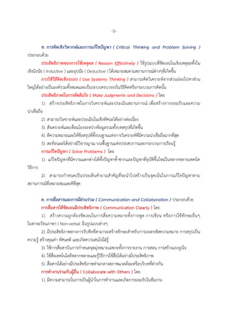 -5-
ข. การคิดเชิงวิพากษ์และการแก้ไขปัญหา ( Critical Thinking and Problem Solving )
ประกอบด้วย
ประสิทธิภาพของการใช้เหตุผล ( Reason Effectively ) ใช้รูปแบบที่ชัดเจนในเชิงเหตุผลทั้งใน
เชิงนิรนัย ( Inductive ) และอุปนัย ( Deductive ) ได้เหมาะสมตามสถานการณ์ต่างๆที่เกิดขึ้น
การใช้วิธีคิดเชิงระบบ ( Use Systems Thinking ) สามารถคิดวิเคราะห์จากส่วนย่อยไปหาส่วน
ใหญ่ได้อย่างเป็นองค์รวมทั้งหมดและเป็นระบบครบวงจรในวิธีคิดหรือกระบวนการคิดนั้น
ประสิทธิภาพในการตัดสินใจ ( Make Judgments and Decisions ) โดย
1). สร้างประสิทธิภาพในการวิเคราะห์และประเมินสถานการณ์ เพื่อสร้างการยอมรับและความ
น่าเชื่อถือ
2). สามารถวิเคราะห์และประเมินในเชิงทัศนะได้อย่างต่อเนื่อง
3). สังเคราะห์และเชื่อมโยงระหว่างข้อมูลรวมทั้งบทสรุปที่เกิดขึ้น
4). ตีความหมายและให้ข้อสรุปที่ตั้งบนฐานแห่งการวิเคราะห์ที่มีความน่าเชื่อถือมากที่สุด
5). สะท้อนผลได้อย่างมีวิจารญาณ บนพื้นฐานแห่งประสบการและกระบวนการเรียนรู้
การแก้ไขปัญหา ( Solve Problems ) โดย
1). แก้ไขปัญหาที่มีความแตกต่างได้ทั้งปัญหาซ้าซากและปัญหาที่อุบัติขึ้นใหม่ในหลากหลายเทคนิค
วิธีการ
2). สามารถกาหนดเป็นประเด็นคาถามสาคัญที่จะนาไปสร้างเป็นจุดเน้นในการแก้ไขปัญหาตาม
สถานการณ์ที่เหมาะสมและดีที่สุด
ค. การสื่อสารและการมีส่วนร่วม ( Communication and Collaboration ) ประกอบด้วย
การสื่อสารได้ชัดเจนมีประสิทธิภาพ ( Communication Clearly ) โดย
1). สร้างความถูกต้องชัดเจนในการสื่อความหมายทั้งการพูด การเขียน หรือการใช้ทักษะอื่นๆ
ในทางอวัจนภาษา ( Non-verbal )ในรูปแบบต่างๆ
2). มีประสิทธิภาพทางการรับฟังที่สามารถสร้างทักษะสาหรับการถอดรหัสความหมาย การสรุปเป็น
ความรู้ สร้างคุณค่า ทัศนคติ และเกิดความสนใจใฝ่รู้
3). ใช้การสื่อสารในการกาหนดจุดมุ่งหมายเฉพาะทั้งการรายงาน การสอน การสร้างแรงจูงใจ
4). ใช้สื่อเทคโนโลยีหลากหลายและรู้วิธีการใช้สื่อได้อย่างมีประสิทธิภาพ
5). สื่อสารได้อย่างมีประสิทธิภาพท่ามกลางสภาพแวดล้อมหรือบริบทที่ต่างกัน
การทางานร่วมกับผู้อื่น ( Collaborate with Others ) โดย
1). มีความสามารถในการเป็นผู้นาในการทางานและเกิดการยอมรับในทีมงาน
 