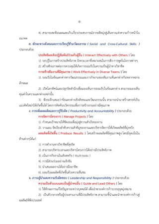 -8-
4). สามารถสะท้อนผลและเก็บเกี่ยวประสบการณ์จากอดีตมุ่งสู่เส้นทางแห่งความก้าวหน้าใน
อนาคต
ค. ทักษะทางสังคมและการเรียนรู้ข้ามวัฒนธรรม ( Social and Cross-Cultural Skills )
ประกอบด้วย
ประสิทธิผลเชิงปฏิสัมพันธ์ร่วมกับผู้อื่น ( Interact Effectively with Others ) โดย
1). รอบรู้ในการสร้างประสิทธิภาพ จังหวะเวลาที่เหมาะสมในการฟัง-การพูดในโอกาสต่างๆ
2). สร้างศักยภาพต่อการควบคุมให้เกิดการยอมรับในความเป็นผู้นาทางวิชาชีพ
การสร้างทีมงานที่มีคุณภาพ ( Work Effectively in Diverse Teams ) โดย
1). ยอมรับในข้อแตกต่างทางวัฒนธรรมและภารกิจงานของทีมงานที่แตกต่างกันหลากหลาย
ลักษณะ
2). เปิดโลกทัศน์และปลุกจิตสานึกเพื่อมองเห็นการยอมรับในข้อแตกต่าง สามารถมองเห็น
คุณค่าในความแตกต่างเหล่านั้น
3). พึงระลึกเสมอว่าข้อแตกต่างเชิงสังคมและวัฒนธรรมนั้น สามารถนามาสร้างสรรค์เป็น
แนวคิดใหม่ๆให้เกิดขึ้นได้ โดยการคิดค้นนวัตกรรมเพื่อการสร้างงานอย่างมีคุณภาพ
ง. การเพิ่มผลผลิตและการรู้รับผิด ( Productivity and Accountability ) ประกอบด้วย
การจัดการโครงการ ( Manage Projects ) โดย
1). กาหนดเป้าหมายให้ชัดเจนเพื่อมุ่งสู่ความสาเร็จของงาน
2). วางแผน จัดเรียงลาดับความสาคัญของงานและบริหารจัดการให้เกิดผลลัพธ์ที่มุ่งหวัง
ผลผลิตที่เกิดขึ้น ( Produce Results ) โดยสร้างผลผลิตที่มีคุณภาพสูง โดยมีจุดเน้นใน
ด้านต่างๆได้แก่
1). การทางานทางวิชาชีพที่สุจริต
2). สามารถบริหารเวลาและบริหารโครงการได้อย่างมีประสิทธิภาพ
3). เน้นภารกิจงานในเชิงสหกิจ ( Multi-tasks )
4). การมีส่วนร่วมอย่างแข็งขัน
5). นาเสนอผลงานได้อย่างมืออาชีพ
6). ยอมรับผลผลิตที่เกิดขึ้นด้วยความชื่นชม
จ. ภาวะผู้นาและความรับผิดชอบ ( Leadership and Responsibility ) ประกอบด้วย
ความเป็นตัวแบบและเป็นผู้นาคนอื่น ( Guide and Lead Others ) โดย
1). ใช้ทักษะการแก้ไขปัญหาระหว่างบุคคลได้ เพื่อนาพาองค์การก้าวบรรลุจุดมุ่งหมาย
2). เป็นตัวกลางหรือผู้ประสานงานที่มีประสิทธิภาพ สามารถชี้นาและนาพาองค์การก้าวสู่
ผลลัพธ์ที่พึงประสงค์
 