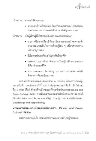 ครู พื่อศิษย์
ภาค ๕ เรื่องเล่าตามบริบท : จับความจากยอดครูมาฝากครูเพื่อศิษย์
 53ภาค ๑ ทักษะเพื่อการดำรงชีวิต ในศตวรรษที่ ๒๑ (21st
Century Skills)
ครู พื่อศิษย์
53
เป้าหมาย :	ทำงานได้ด้วยตนเอง
			 	ทำงานสำเร็จได้ด้วยตนเอง โดยกำหนดตัวงานเอง คอยติดตาม

				 ผลงานเอง และกำหนดลำดับความสำคัญของงานเอง
เป้าหมาย :	เป็นผู้เรียนรู้ได้ด้วยตนเอง (self-directed learner) 
			 	นอกเหนือจากเรียนรู้ทักษะในงานของตนโดยตรงแล้ว

				 สามารถมองเห็นโอกาสเรียนรู้ใหม่ ๆ เพื่อขยายความ

				 เชี่ยวชาญของตน
			 	ริเริ่มการพัฒนาทักษะไปสู่ระดับมืออาชีพ
			 	แสดงความเอาจริงเอาจังต่อการเรียนรู้ว่าเป็นกระบวนการ

				 ที่ต้องทำตลอดชีวิต
			 	สามารถทบทวน ใคร่ครวญ ประสบการณ์ในอดีต เพื่อใช้

				 คิดหาทางพัฒนาในอนาคต 
	 นอกจากทักษะอาชีพและทักษะชีวิต ๒ กลุ่มคือ ด้านความยืดหยุ่น
และปรับตัว และด้านการริเริ่มและกำกับดูแลตนเองได้แล้ว ยังมีทักษะ

อีก ๓ กลุ่ม ได้แก่ ทักษะด้านสังคมและทักษะข้ามวัฒนธรรม (Social and
Cross-Cultural Skills) การมีผลงานและความรับผิดชอบตรวจสอบได้
(Productivity and Accountability) ภาวะผู้นำและความรับผิดชอบ
(Leadership and Responsibility) 
ทักษะด้านสังคมและทักษะข้ามวัฒนธรรม (Social and Cross-
Cultural Skills)
	 หัวใจของทักษะนี้คือ สามารถทำงานและดำรงชีวิตอยู่กับสภาพ
 