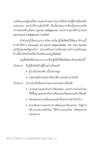 วิถีสร้างการเรียนรู้เพื่อศิษย์ ในศตวรรษที่ ๒๑
54 วิถีสร้างการเรียนรู้เพื่อศิษย์ ในศตวรรษที่ ๒๑
54
แวดล้อมและผู้คนที่มีความแตกต่างหลากหลายได้อย่างไม่รู้สึกเครียดหรือ
แปลกแยก และทำให้งานสำเร็จได้ เป็นเรื่องของการเรียนรู้และยกระดับ
ความฉลาดด้านสังคม (social intelligence) และความฉลาดด้านอารมณ์
(emotional intelligence) ของศิษย์
	 ตัวช่วยครูให้ออกแบบการจัดการเรียนรู้เพื่อศิษย์ได้พัฒนาทักษะนี้
อาจหาได้จาก Educators for Social Responsibility และ Asia Society 
แต่เป็นของสหรัฐอเมริกา ประเทศไทยน่าจะมีหน่วยงานทำงานสนับสนุน
ด้านนี้ในบริบทไทยให้แก่โรงเรียนและครูเพื่อศิษย์
	 ครูเพื่อศิษย์ต้องออกแบบการเรียนรู้เพื่อให้ศิษย์พัฒนาทักษะต่อไปนี้
เป้าหมาย :	มีปฏิสัมพันธ์กับผู้อื่นอย่างเกิดผลดี
			 	รู้ว่าเมื่อไรควรฟัง เมื่อไรควรพูด
			 	แสดงพฤติกรรมอย่างมืออาชีพ และอย่างน่านับถือ
เป้าหมาย :	ทำงานในทีมที่แตกต่างหลากหลายอย่างได้ผลดี
			 	เคารพความแตกต่างทางวัฒนธรรม และทำงานร่วมกับคน

				 ที่มีพื้นฐานแตกต่างกันทางสังคมและวัฒนธรรมอย่างได้ผลดี
			 	ตอบสนองความเห็นและคุณค่าที่แตกต่างอย่างใจกว้าง
			 	ยกระดับความแตกต่างทางสังคมและวัฒนธรรม ไปสู่การ

				 สร้างแนวความคิดใหม่ วิธีทำงานแบบใหม่ หรือคุณภาพ

				 ของผลงาน


 