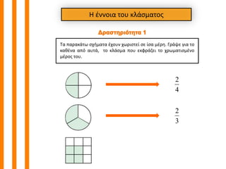 Η ζννοια του κλάςματοσ

Τα παρακάτω ςχιματα ζχουν χωριςτεί ςε ίςα μζρθ. Γράψε για το
κακζνα από αυτά, το κλάςμα που εκφράηει το χρωματιςμζνο
μζροσ του.

2
4

2
3

 