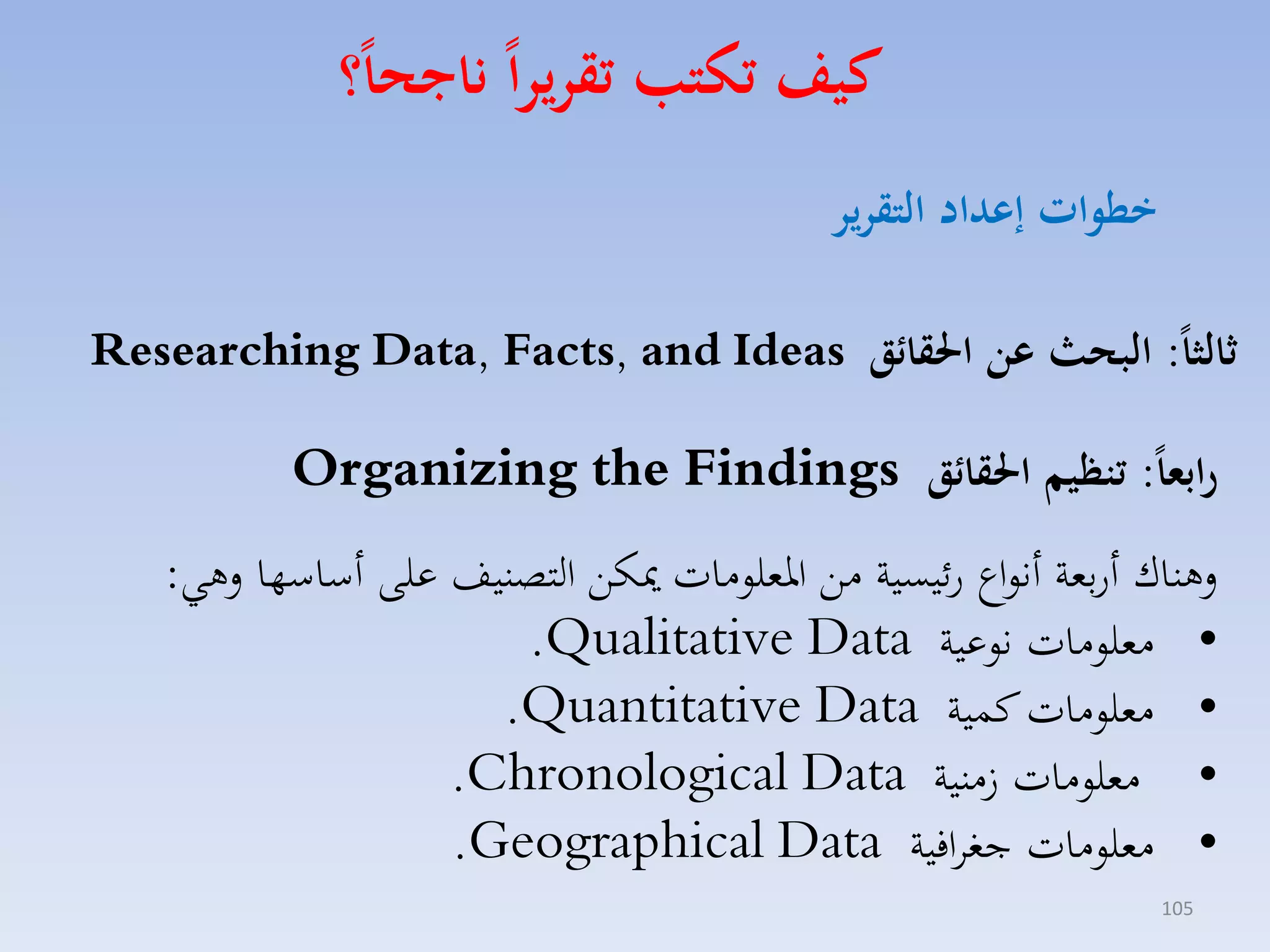 ‫كيف تكتب تقريرا ناجحا؟‬
‫خطوات ةعداد التقرير‬
‫ثالثا: البحث عن احلقا ق ‪Researching Data, Facts, and Ideas‬‬

‫رابعا: تن يم احلقا ق ‪Organizing the Findings‬‬
‫لهناك أربمة أنواع رئيسية مق ارملومات ميكق التصنيف على أساسها لهي:‬
‫• مملومات نوعية ‪.Qualitative Data‬‬
‫• مملومات كسية ‪.Quantitative Data‬‬
‫• مملومات منية ‪.Chronological Data‬‬
‫• مملومات جغاافية ‪.Geographical Data‬‬
‫501‬

 