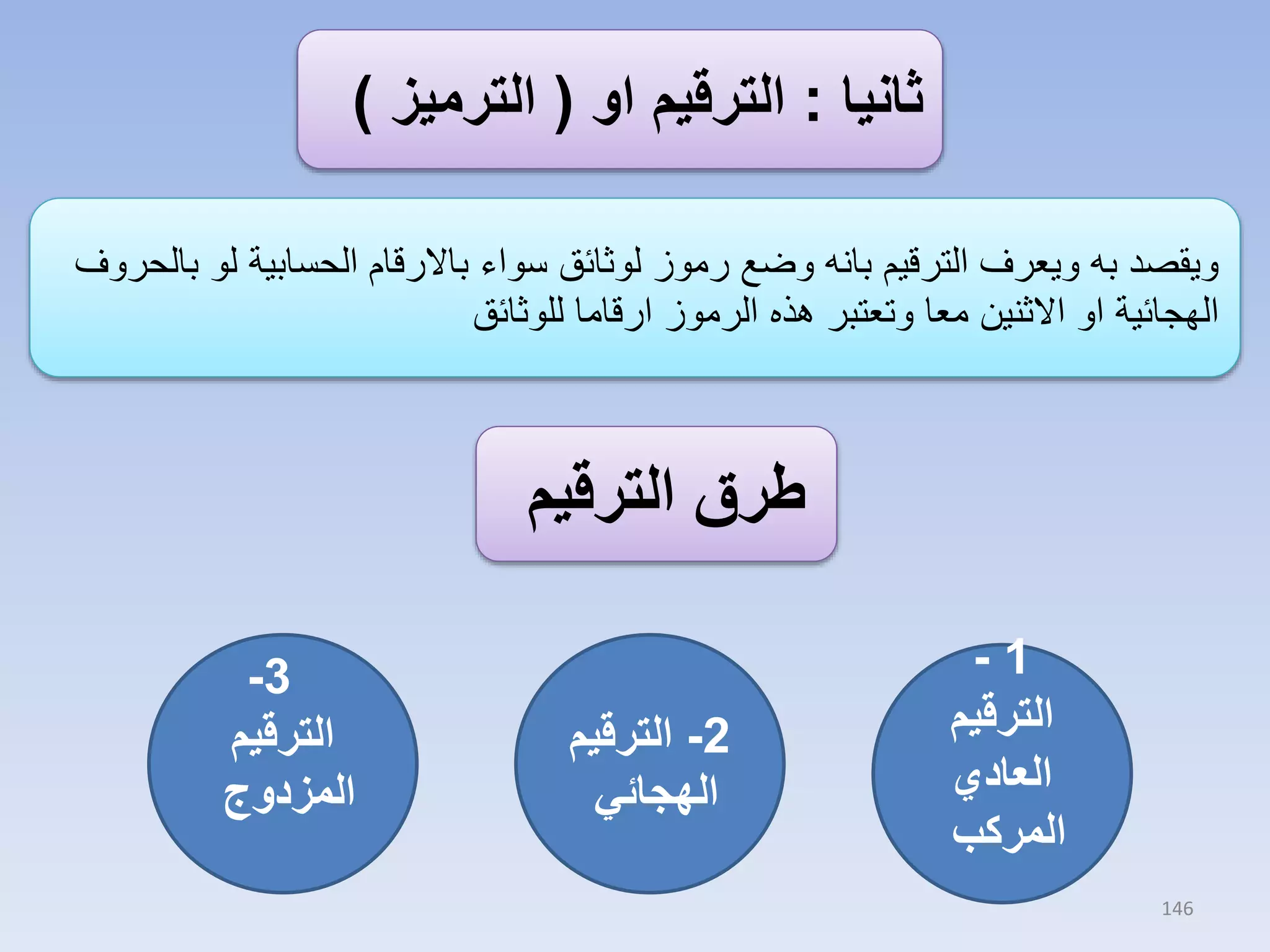 ‫ثانيا : الترقيم او ( الترميز )‬
‫ويقصد به ويعرف الترقيم بانه وضع رموز لوثائق سواء باالرقام الحسابية لو بالحروف‬
‫الهجائية او االثنين معا وتعتبر هذه الرموز ارقاما للوثائق‬

‫طرق الترقيم‬
‫1-‬
‫الترقيم‬
‫العادي‬
‫المركب‬
‫641‬

‫2- الترقيم‬
‫الهجائي‬

‫3-‬
‫الترقيم‬
‫المزدوج‬

 