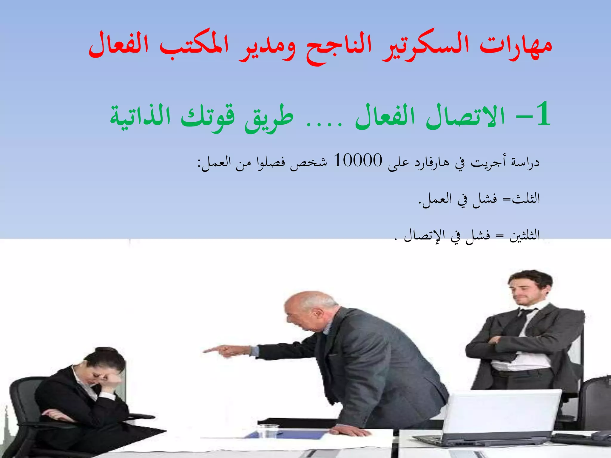 ‫مهارات السكرتري الناجح ومدير املكتب الفعال‬

‫1- االتصال الفعال .... ءريق قوتك ال اتية‬
‫دراسة أجايت يف هارفارد على 00001 شخص فصلوا مق المسل:‬
‫الثلث= فكل يف المسل.‬

‫الثلثني = فكل يف ا تصاري .‬

‫34‬

 